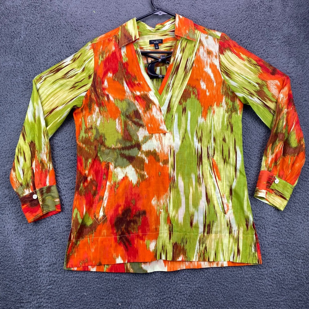 Talbots Womens Blouse Size 4‎ Abstract Print Orange Green Long Sleeve